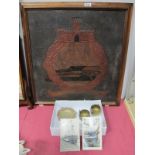 HMS Conway Interest, A Framed Leather Crest, 54 x 58cms, three pieces of Crested Ware, an ashtray