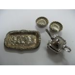 A Hallmarked Silver Pin Dish, of Continental style, detailed in relief; together with a pair of