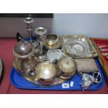 An Electroplated Three Piece Tea Service by Mappin & Webb, candlesticks, oval gallery tray,