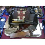 An Oak Book Trough, shoe trees, boot pulls, York Shield, table tennis net.