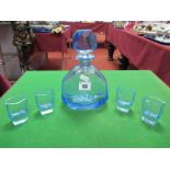 An Art Deco Blue Glass Faceted Hexagonal Decanter, and four matching tots.