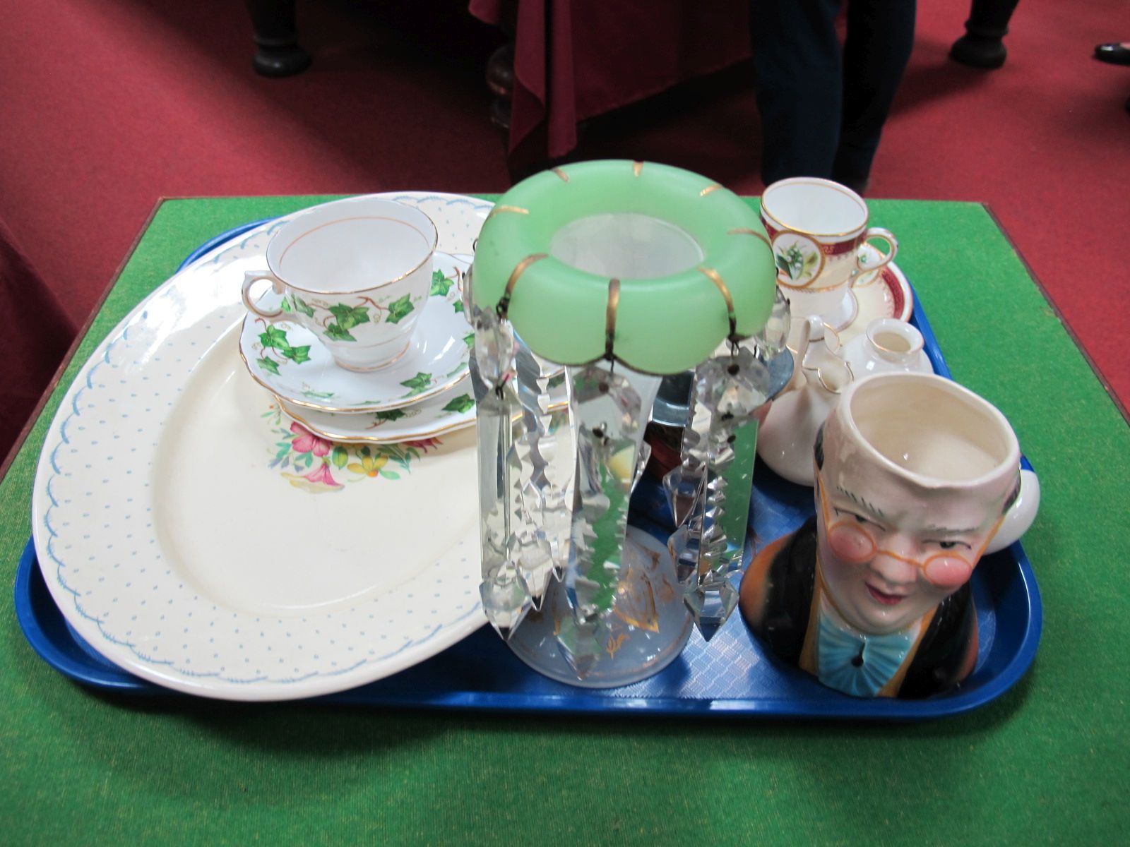 A Victorian Frosted Trumpet Vase, green and gilt rim fitted with prismatic glass drops, together