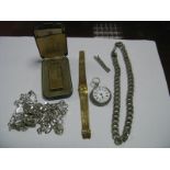 A Continental Cased Ladies Fob Watch, Dunhill lighter, chains, ladies wristwatch.