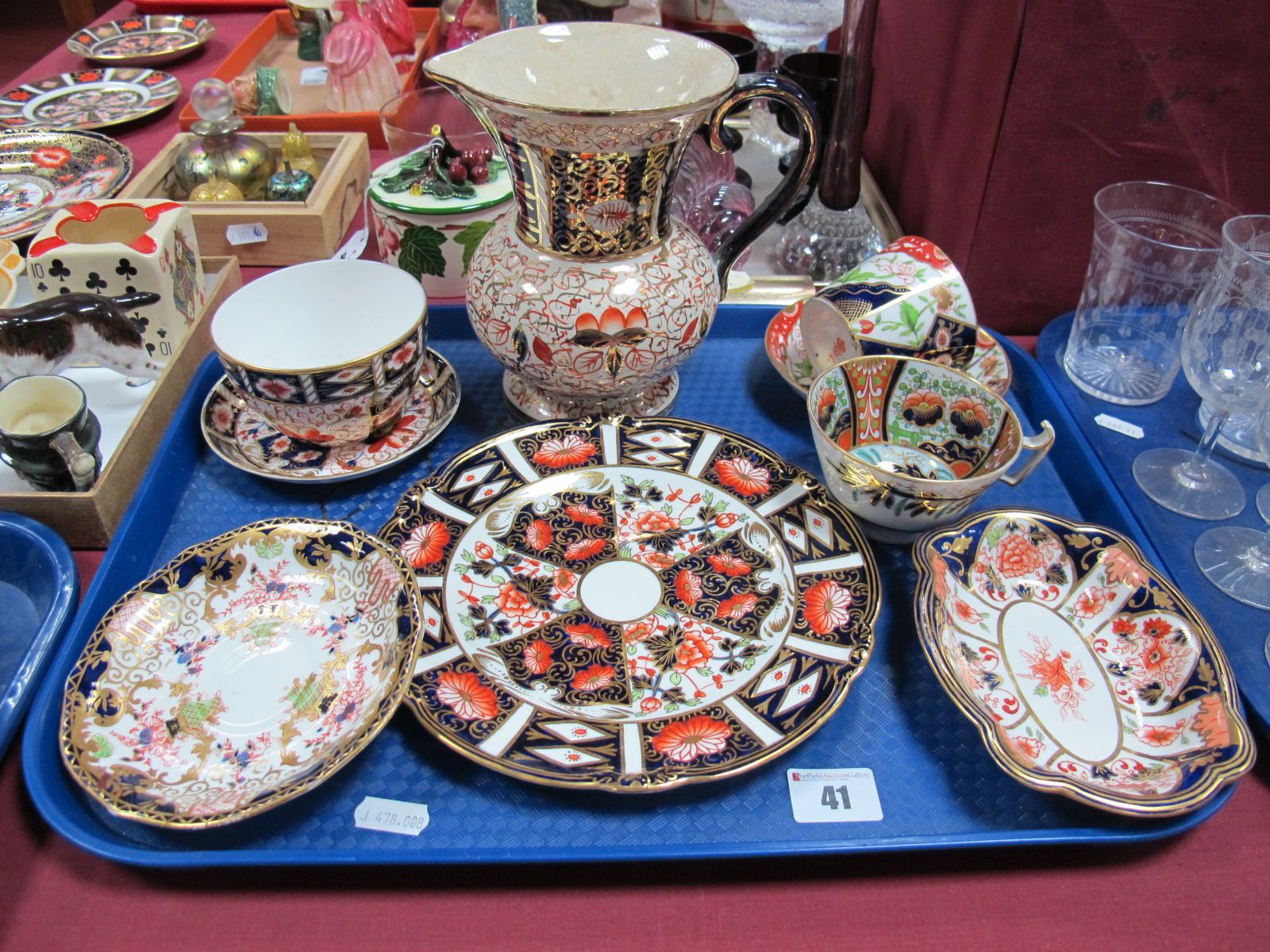 Royal Crown Derby Wavy Rim Plates, 20.5cm diameter, serpentine dish, "1813" cup and saucer, teabowl,