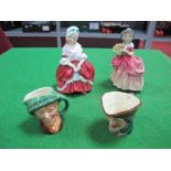 Royal Doulton Figures "Peggy", HN 2038, and "Cissie" HN 1809; two Royal Doulton small character jugs