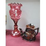 A Reproduction Victorian Mary Gregory Style Cranberry Glass Vase, painted in enamels, wavy rim,