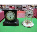 A XIX Century Black Slate Mantel Clock, with a circular dial, Roman numerals, plinth base;