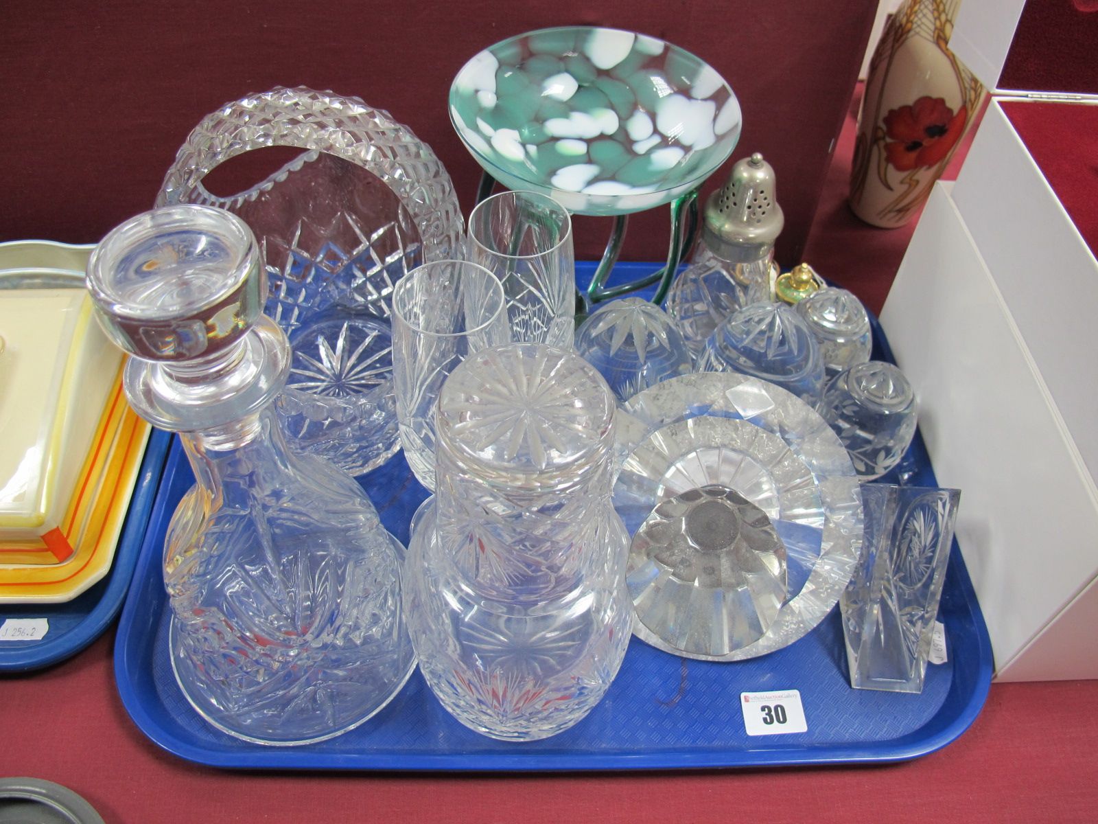 Lead Crystal Glass Ware, carafe, paperweights, caster, studio glass pedestal dish, large scent