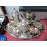 A Oval Galleried Tray, two four piece tea services.