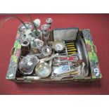 Assorted Cased and Loose Cutlery, swing handled dishes, twin branch candelabrum, vases, sugar