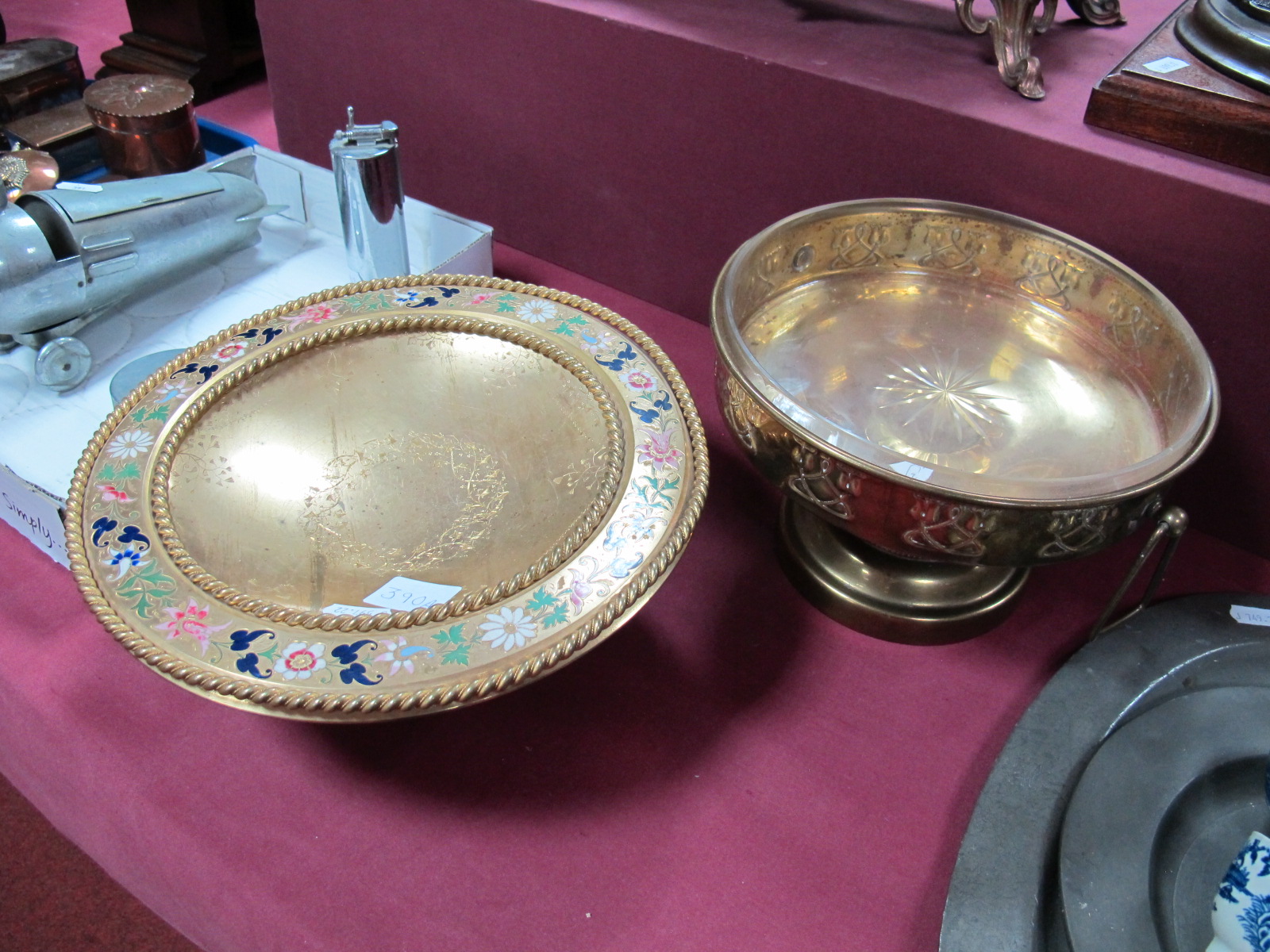 A XX Century Gilded Brass Tazza Border, with enamel floral decoration, together with Art Nouveau