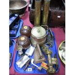 A Pair of Brass Shell Cases, hardwood bowling balls, Victorian corkscrew, flat irons, oak biscuit