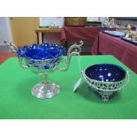 A Decorative Swing Handled Dish, of openwork design, with blue glass liner; together with a pedestal