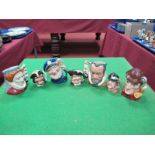 Seven Miniature Royal Doulton Character Jugs, including King Phillip II of Spain, The Sleuth, Old