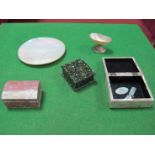 A Mother of Pearl Box and Cover, containing three gaming counters, a mother of pearl dish, abalone