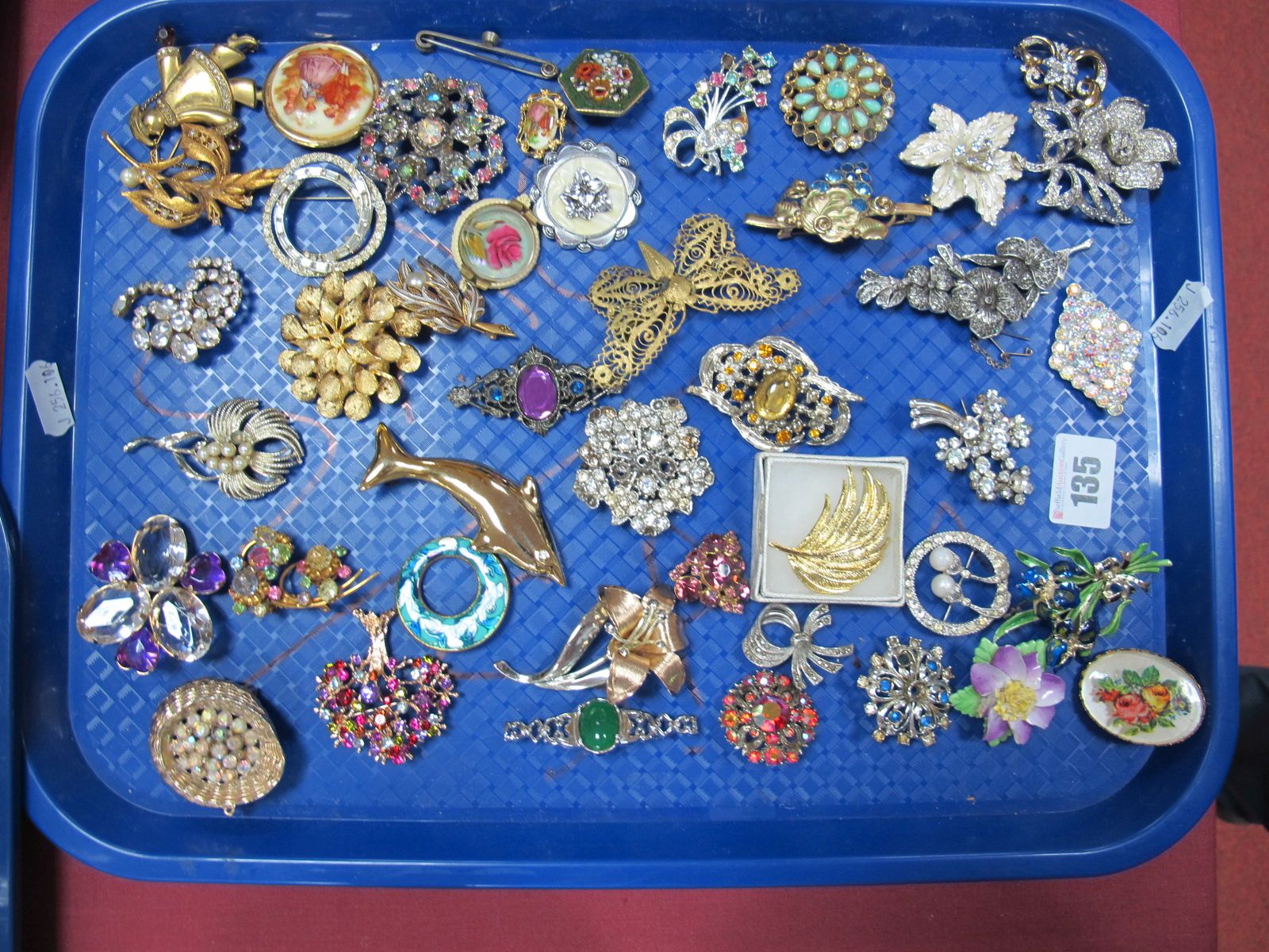 Assorted Costume Brooches, including micromosaic, butterfly, dolphin, marcasite inset, etc:- One