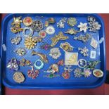 Assorted Costume Brooches, including micromosaic, butterfly, dolphin, marcasite inset, etc:- One