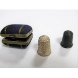 Two Silver Hallmarked Thimbles, each by Charles Horner and a Victorian thimble case, brass bound. (