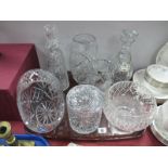 Two Glass Decanters, biscuit barrel, vases, basket, fruit bowl:- One Tray