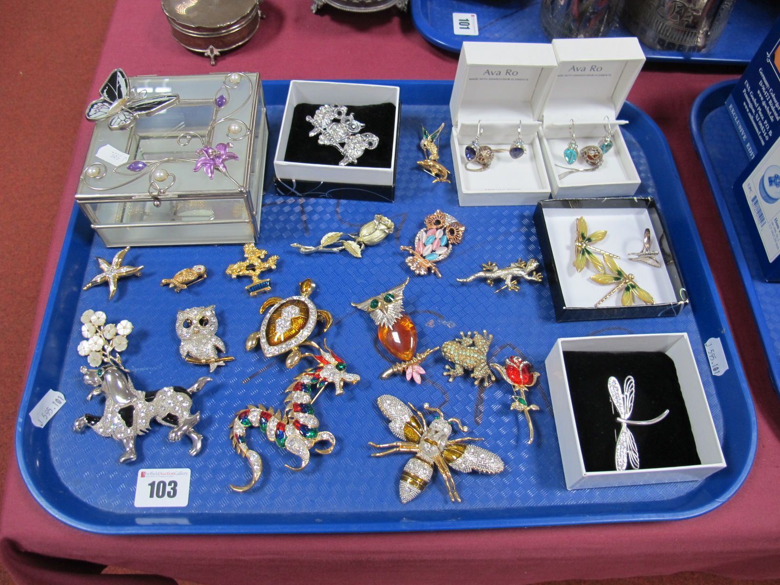 Assorted Modern Costume Brooches, Ava Ro, Swarovski Elements earrings, butterfly ring, jewellery