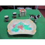 A Doulton Dog HN 2517, "Water Lily" dish D6343, two John Peel mini Tobies, Carlton Ware cube