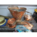 A XIX Century Beaten Copper Log Bucket, embossed with dragons, similar basket, kettle, pans,