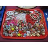 Assorted Costume Earrings, bead necklaces, collet set pendant, etc:- One Tray