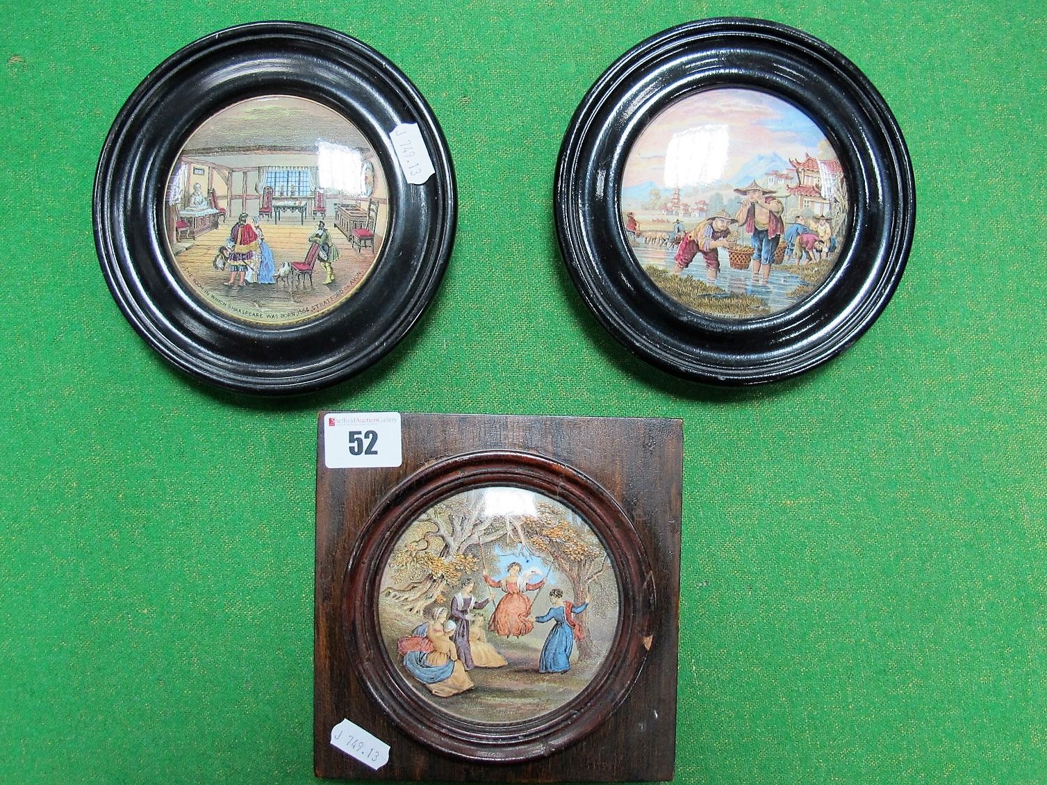 Three XIX Century Prattware Pot Lids: "Transplanting Rice", "The Room in Which Shakespeare Was Born"