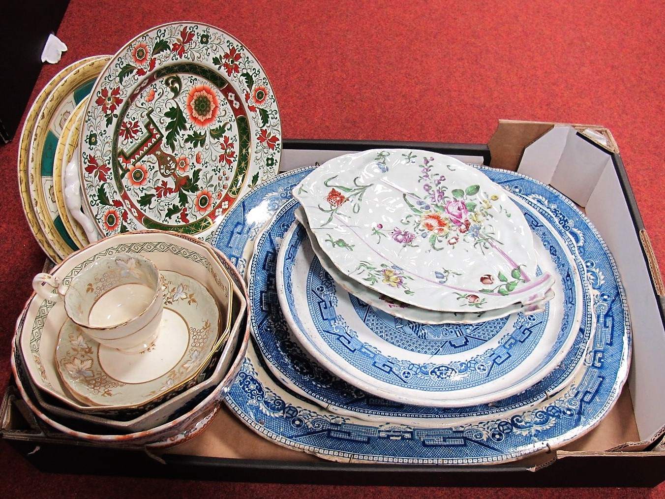 Victorian Willow Pattern Wares, including meat plates, cake stand, and other Victorian pottery,