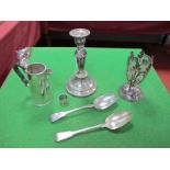 A Pair of Hallmarked Silver Fiddle Pattern Table Spoons, London 1815, plated candlestick, vase (