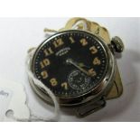 A WWI Period 'Ingersol Wrist' Watch, white numerals to black face with inner seconds dial, style