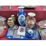 A Chinese Blue and White Vase, scissors, cigarette cases, Japanese lacquer bowl, etc:- One Tray