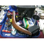 A Boomerang, 876205 chrome desk plane, smokers pipes, cameras Prinz binoculars, etc:- One Tray