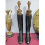 A Pair of Edwardian Gentleman's Stitched Black Leather Riding Boots, together with wooden shoe