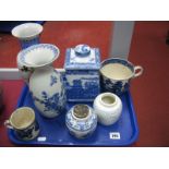 A Chinese Blue and White Vase, Ringtons blue and white tea caddy, large blue and white tea cup,