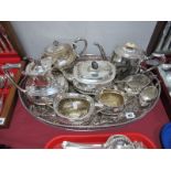 Decorative Plated Teapots, jugs and sugar bowls, large oval tray, etc.