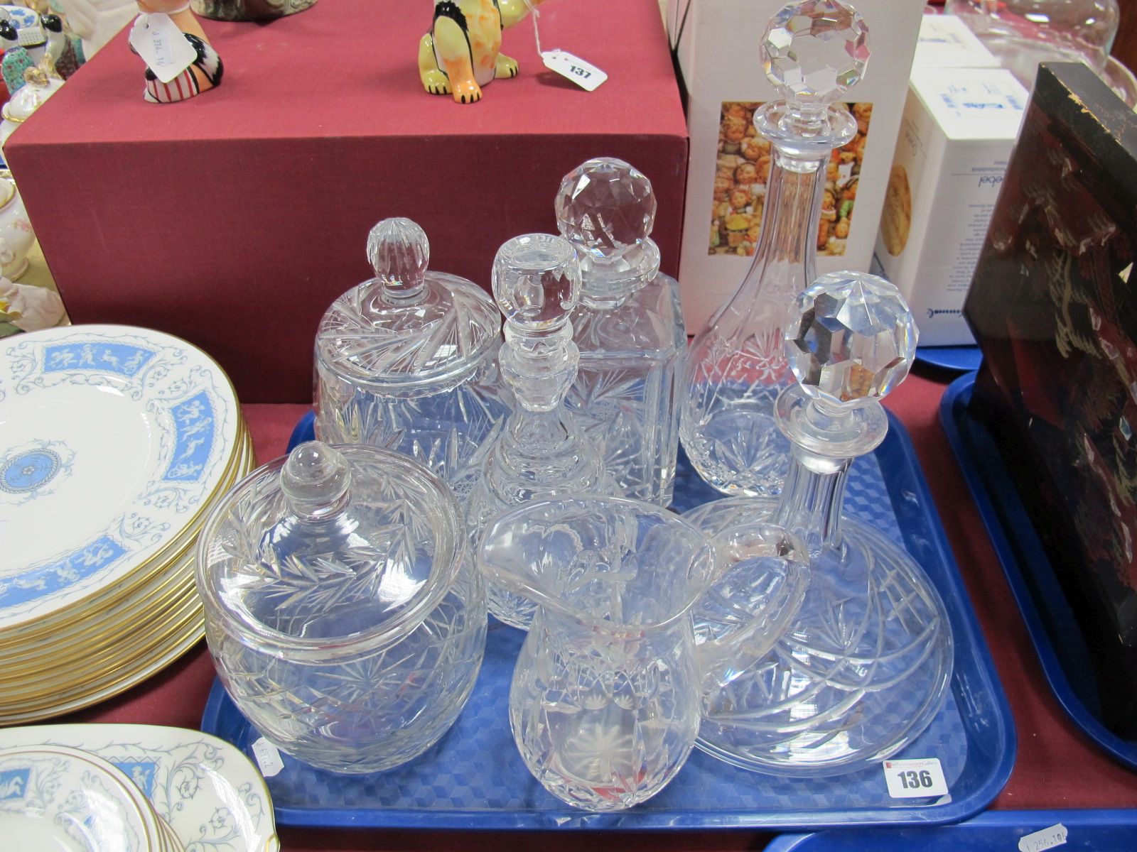 Two Lead Crystal Biscuit Jars, whisky, ships and spirit decanters etc:-One Tray