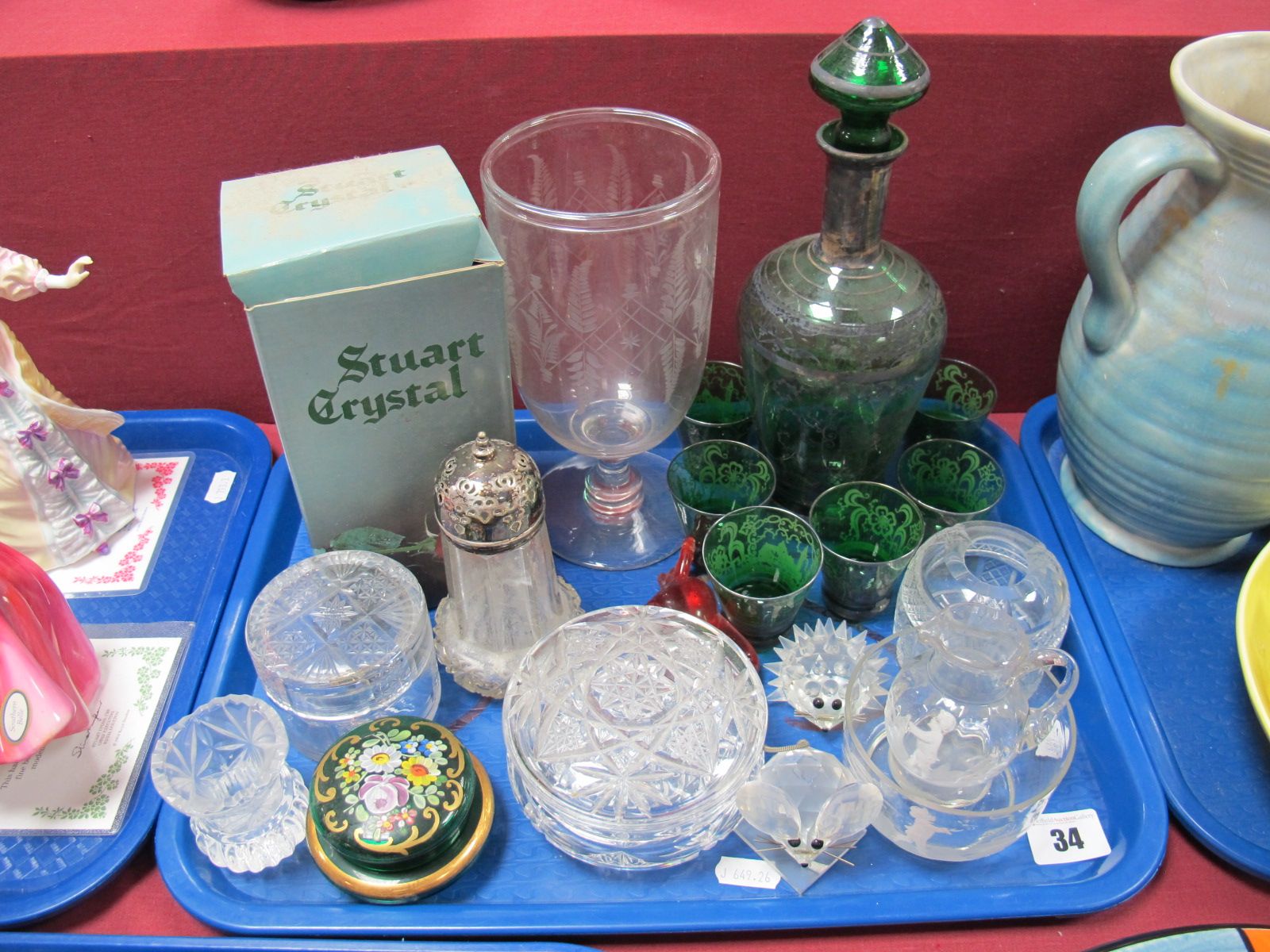 An Early XX Century Green Glass Liqueur Decanter and Glasses, decorated with silvered overlay