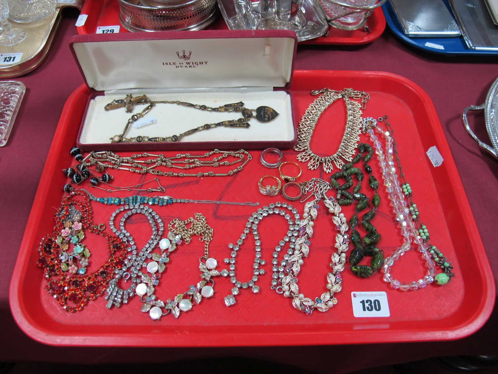 Diamanté and Other Necklaces, rings, vintage panel necklace with heart shape drop, etc:- One Tray