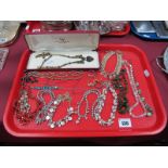 Diamanté and Other Necklaces, rings, vintage panel necklace with heart shape drop, etc:- One Tray