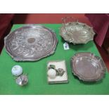 An Electroplated Golf Ball Trophy Stand, a plated "angel" brooch, plated dish with swing handle,