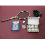 Sporting- A Vintage Circa 1930's Tennis Racquet, a box of six Slazenger tennis balls and a "Lawn