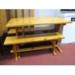 A Stained Pine Kitchen Table, rectangular top, and two associated seats. (3)