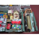 Vintage Tennis Racquets, parasol, modern tins, Oxo, Thornes toffees; together with shoe