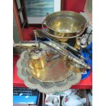 Two XIX Century Brass Jam Pans, with swing handles, two Bladon blow lamps, pokers, dishes:- One Box