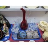 Custard Glasses, oil bottles, ruby glass ewer, other glassware:- One Tray