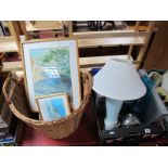 A Cambridge Audio DVD Player and Remote, a quantity of CD's, pottery table lamp, blue glass jug,