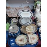 an Early XX Century Biscuit Jar, with plated lid and swing handle, two tier cake stand, early XX