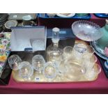 Dartington Decanters, glass pedestal dish, Stuart Crystal whiskey tumblers and other glassware:- One