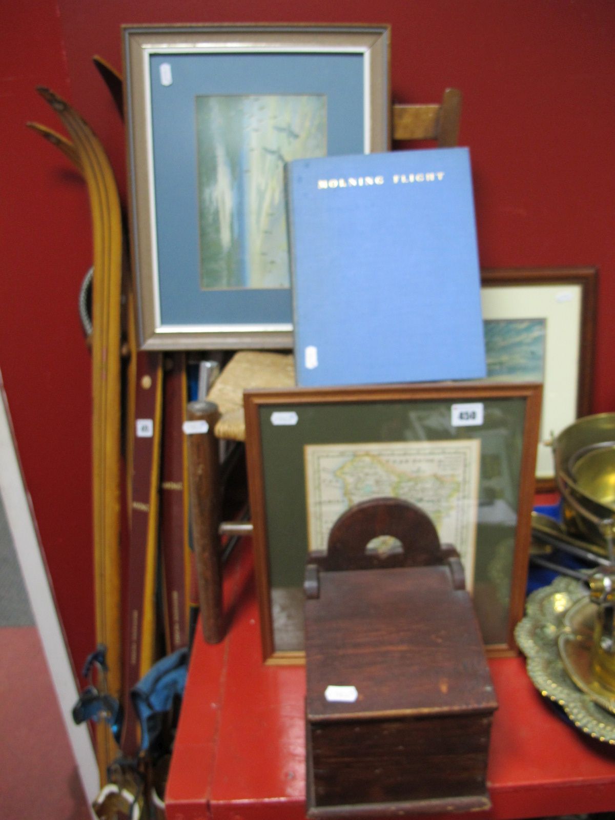 An Early XX Century Child's Rush Seated Chair, a stained pine candle box, a hand coloured engraved